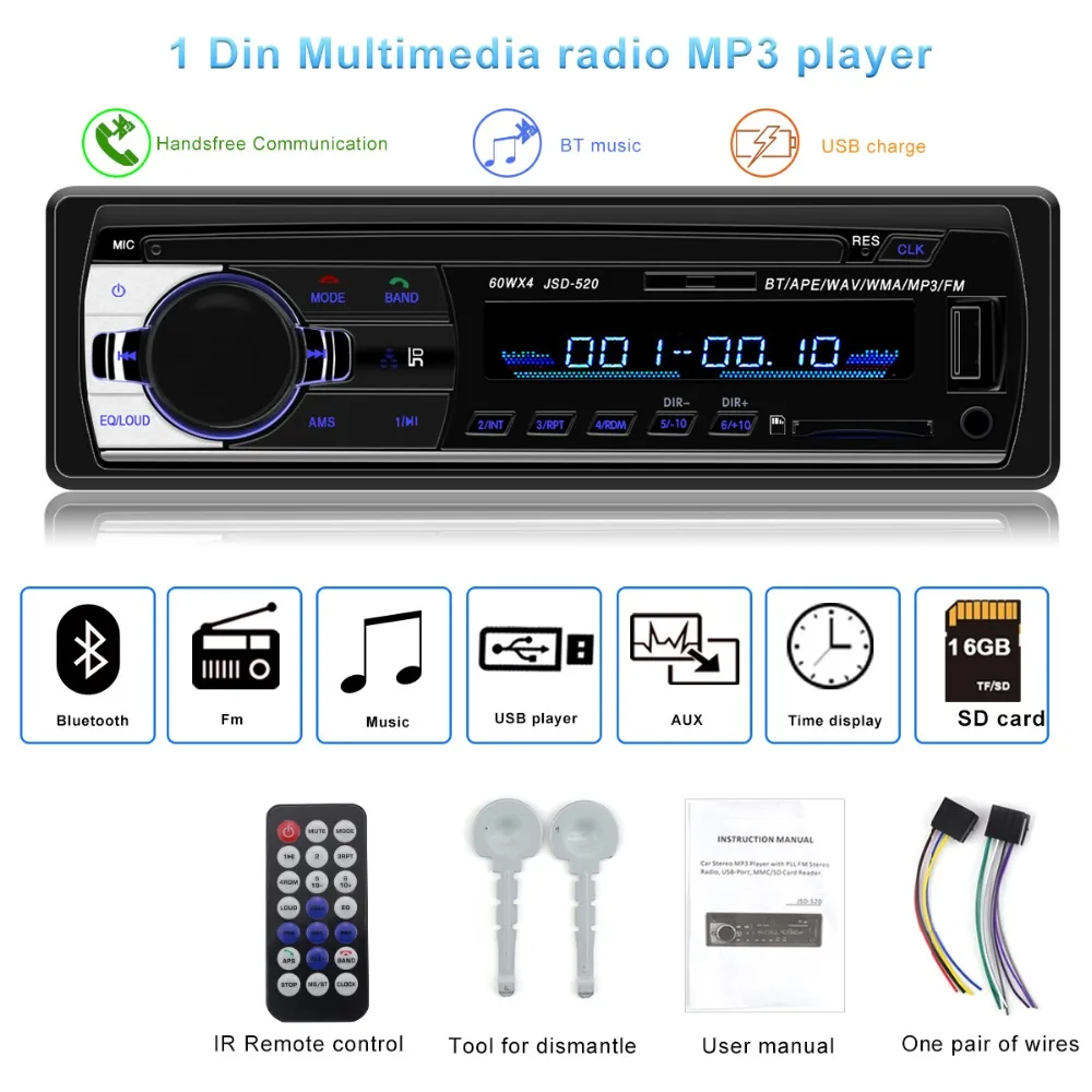 JSD 520 автомобиля Радио Bluetooth V2.0 Авторадио Стерео 1 Din 12 v FM Aux Вход приемник аудио
