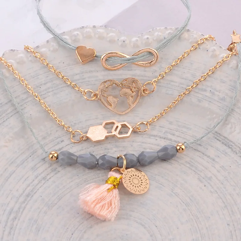 5 шт./компл. Boho Женская серая веревка бусины Цветы Сердце карта цифровая Геометрическая кисточка кулон золотой браслет-цепочка набор подарок любителю