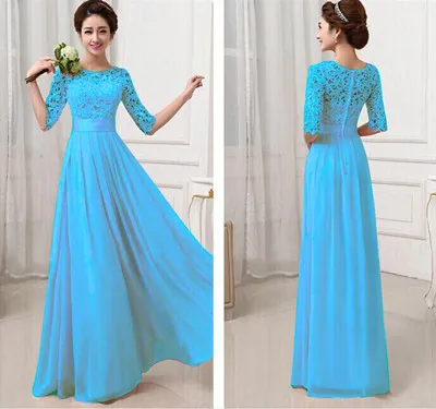 

In Stock 2021 Summer Women Chiffon Lace Long Blue Green Evening Dresses Half Sleev O-Neck Casual Dress For Girl Robe