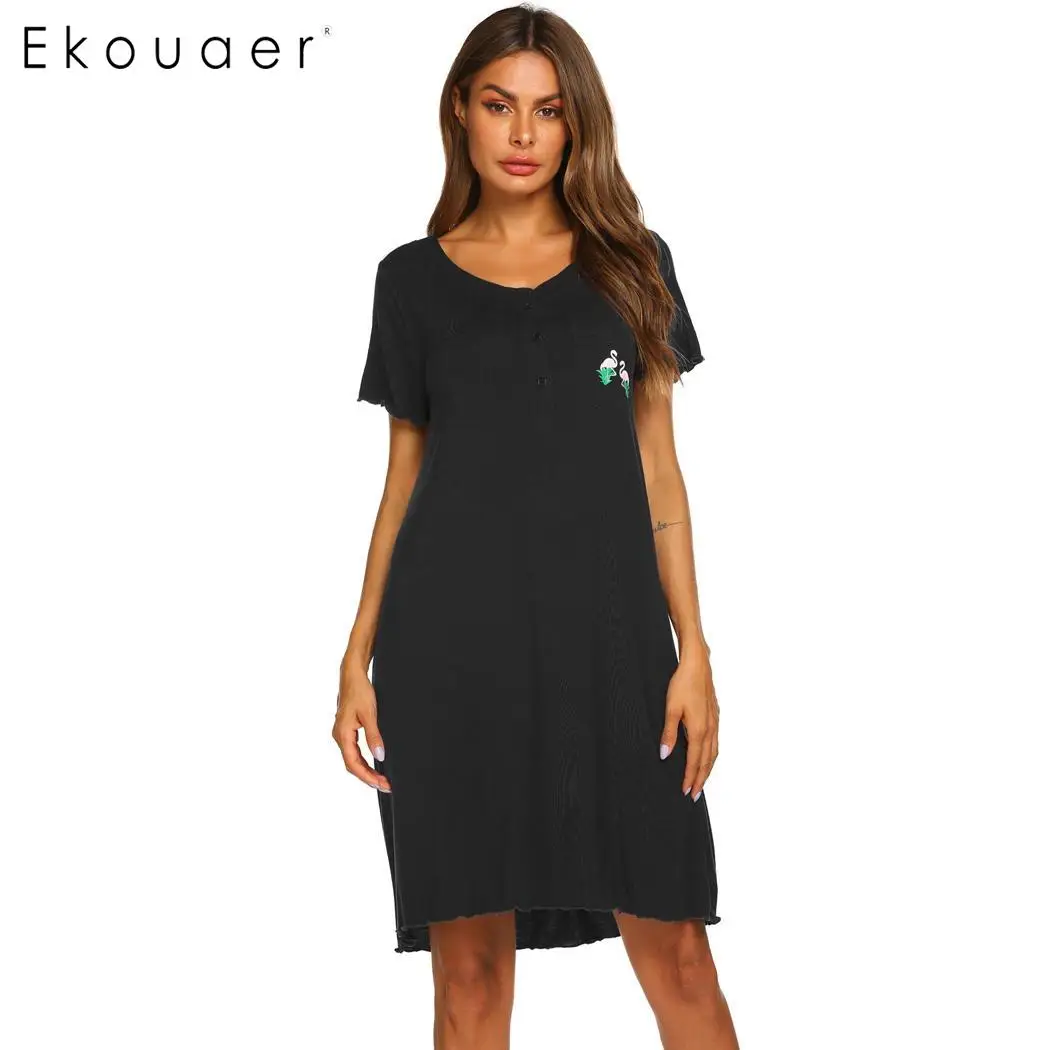 Black Ekouaer летняя ночная рубашка женская пижама платье с круглым вырезом короткий рукав Передняя кнопка карман украшение сорочка ночная рубашка - Цвет: Black