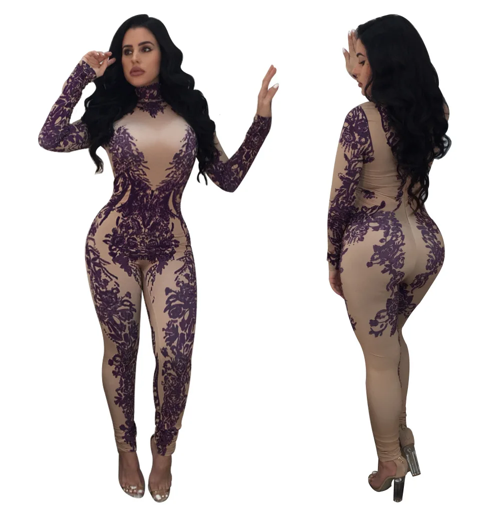 Vintage Turtleneck Full Sleeve One Piece Skinny Bodysuit Sexy Flower Print Back Zipper Long Jumpsuit Women Combinaison Femme |