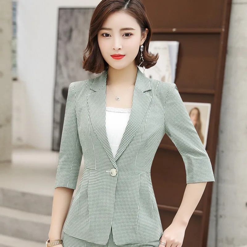 Green plaid blazer Модный клетчатый блейзер для женщин, лето, новинка, повседневный темперамент, тонкий пиджак для офиса, для девушек, профессиональный бизнес, для работы, пальто - Цвет: Green plaid blazer