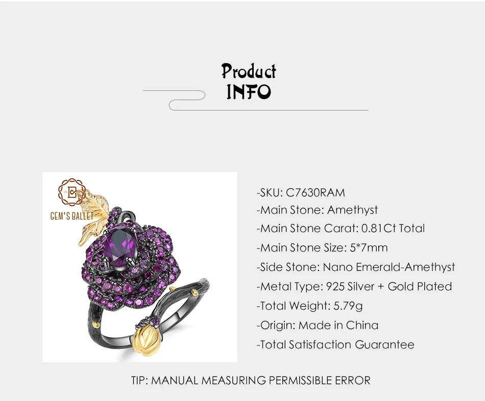 GEM'S балет 0.81Ct натуральный аметист Настоящее 925 пробы Серебряный цветок розы открытые кольца ручной работы регулируемое кольцо для женщин