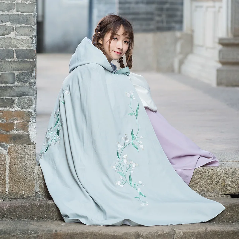 Женская накидка с капюшоном пальто вышитыми цветами Hanfu плащ верхняя одежда