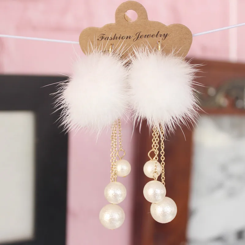 Free shipping Popular new products Hairball Plush Accessories Imitation pearls earrings for women long | Украшения и аксессуары