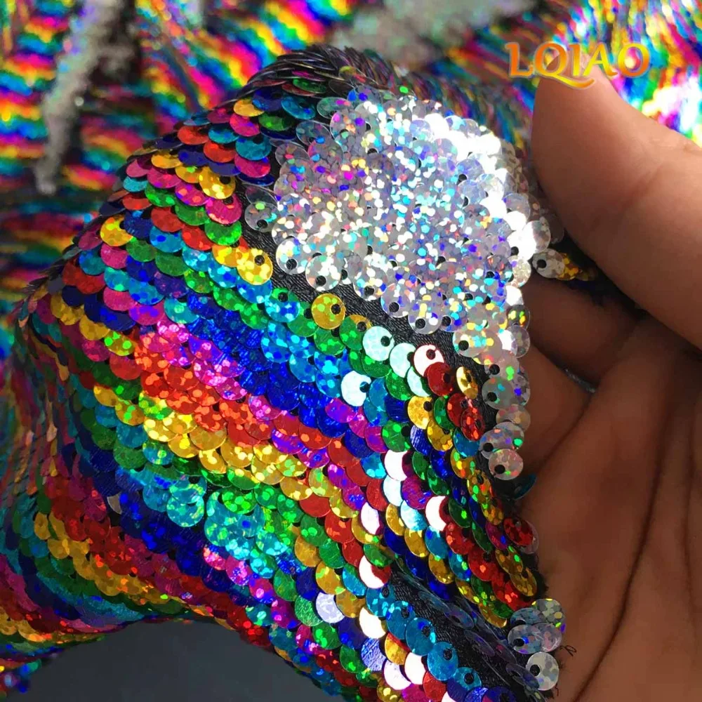 Радужно-Лазерная серебряная ткань с обратимой Блестки пайетками для DIY на платье
