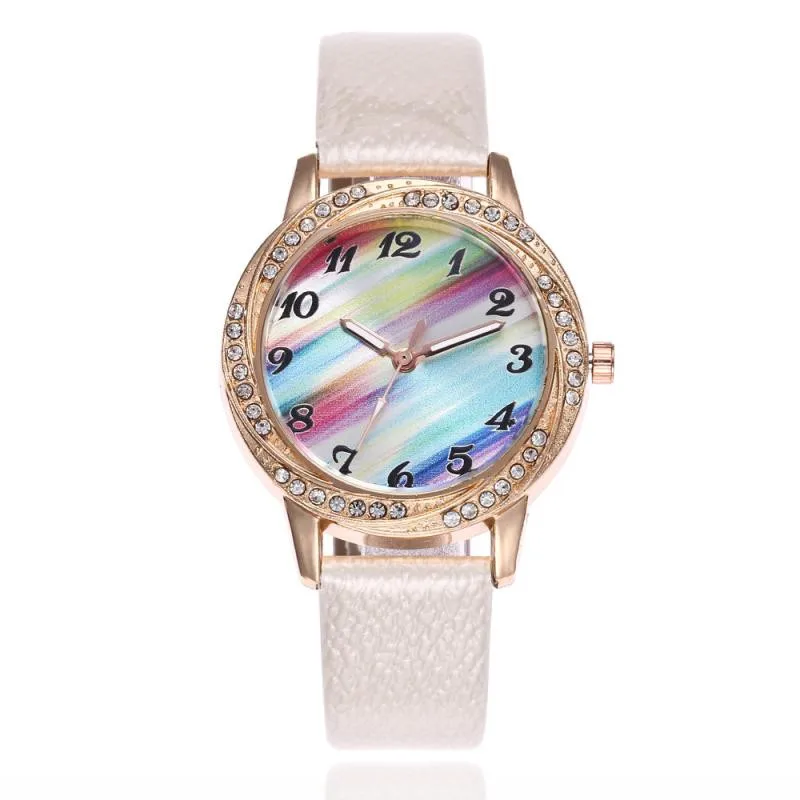 

TZ#502 Fashion Simple Women's Watch Color stripe pattern Leather Band Analog Quartz Round Wrist Watch Watches