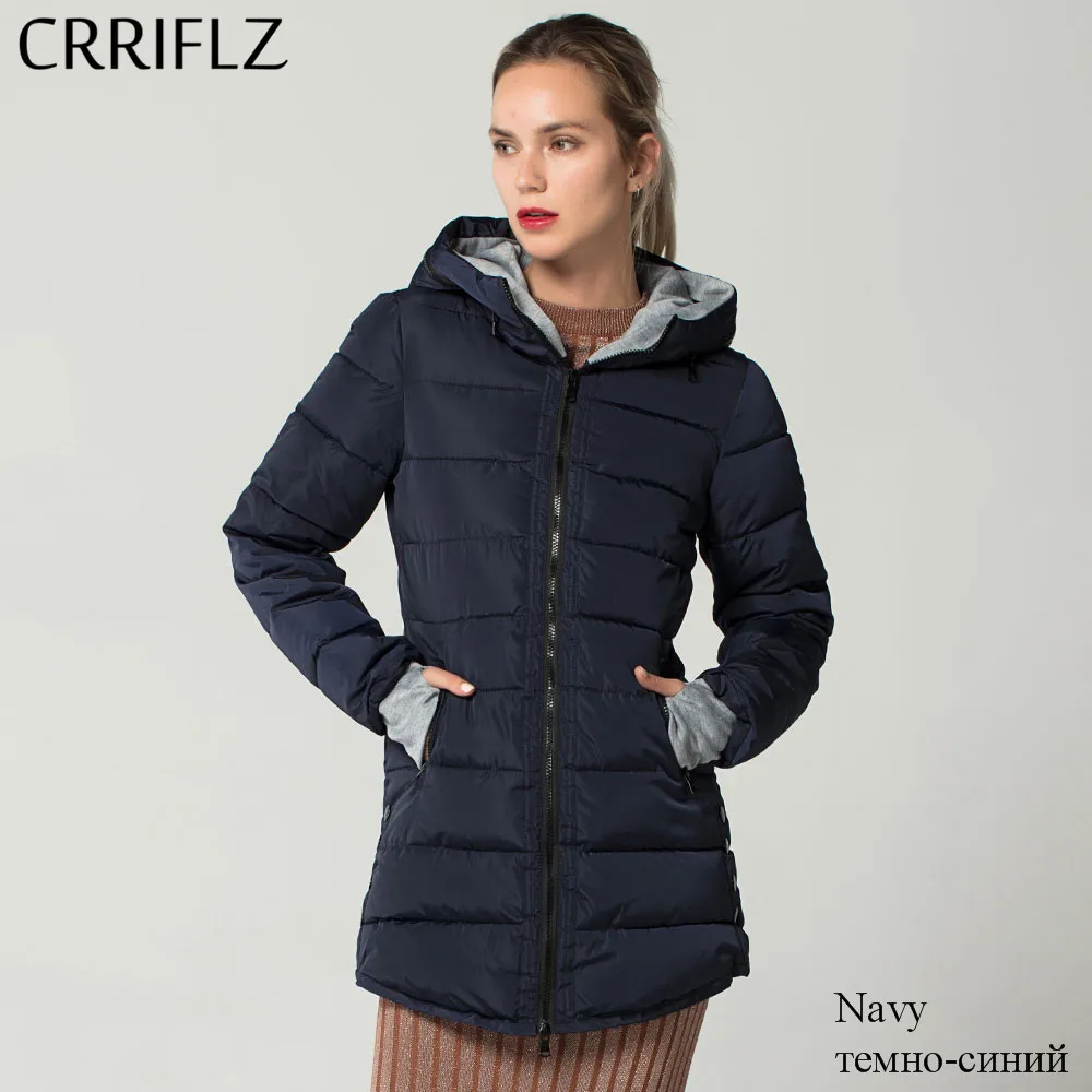 CRRIFLZ, новинка, женская зимняя куртка, верхняя одежда, тонкая, с хлопковой подкладкой, женские куртки, высокое качество, Женское пальто, длинная парка с капюшоном, повседневная - Цвет: Navy