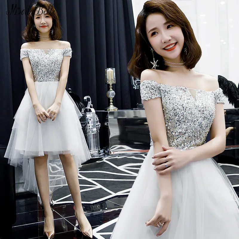 

modabelle Silver Prom Dresses Vestidos De Gala Elegante Boat Neck High Low 2019 Prom Dresses Robe Bal De Promo