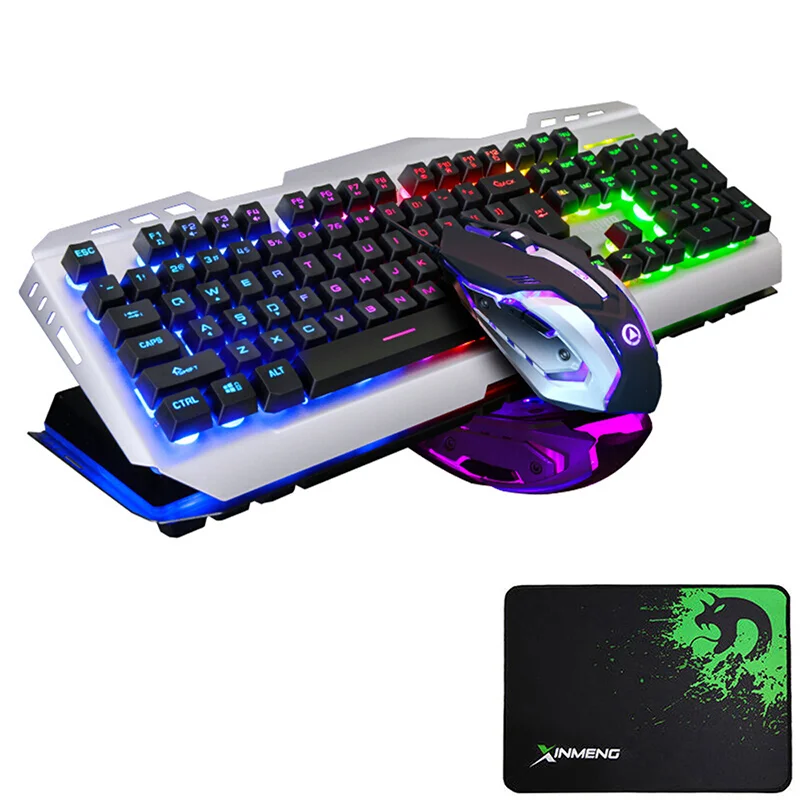 

V1 Wired Rainbow LED Backlit Ergonomic Usb Gaming Keyboard Metal + 3200DPI Optical Gamer Mouse Sets PC Laptop Computer+ Mousepad