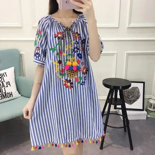 Платье с вышивкой в этническом стиле летнее винтажное платье синюю и розовую