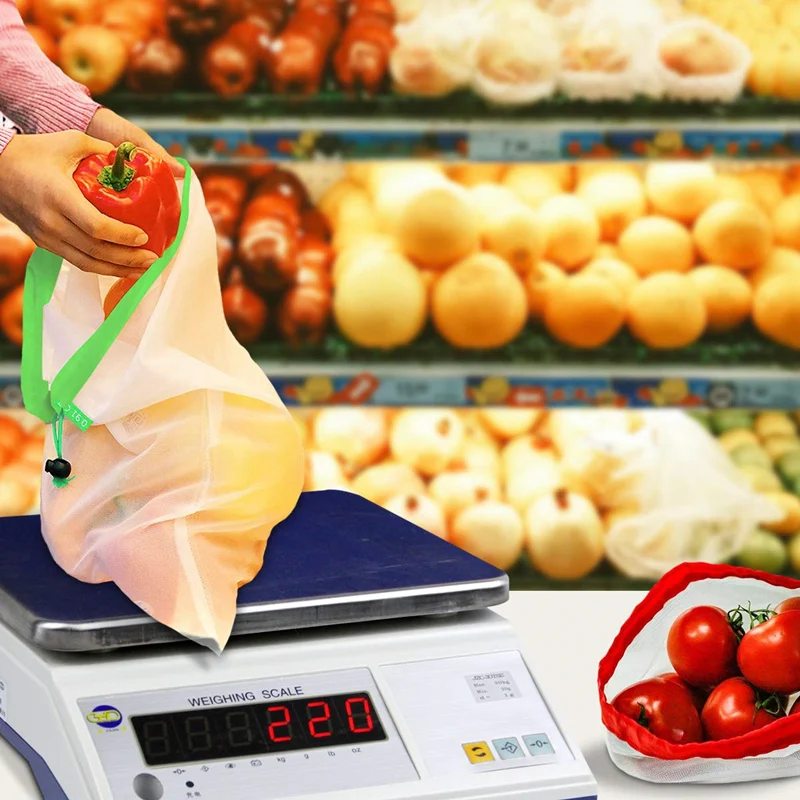 Многоразовые сетки производят сумки 12 шт продуктовые покупки фруктов и овощей мешки для хранения с тары веса