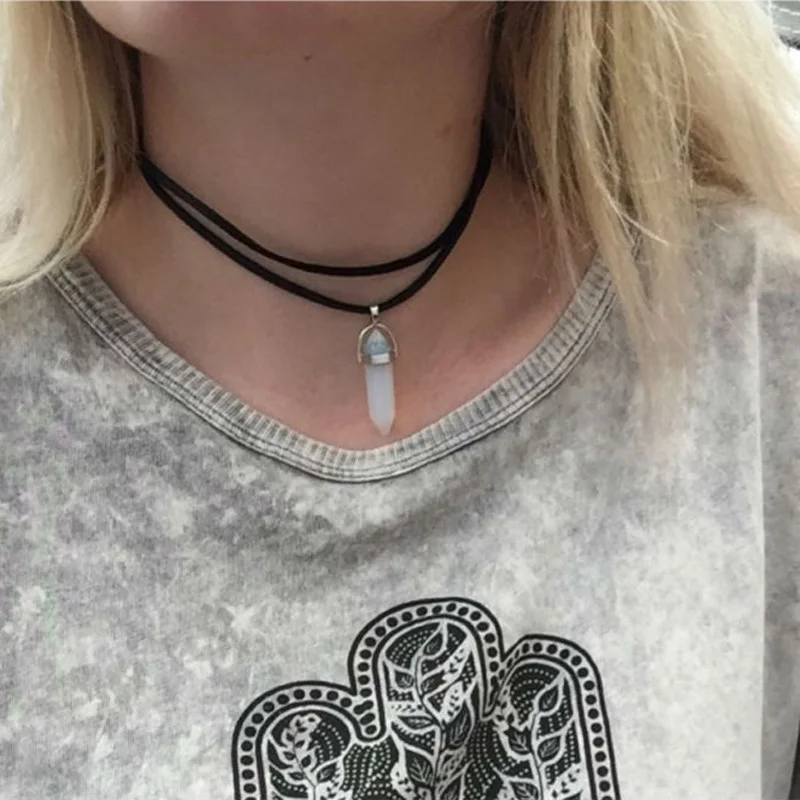 

Vintage Leather Chain Hexagonal Column Stone Opal Necklace Women Rose Quartz Marble Choker Female Jewelry Party Girlfriends Gift