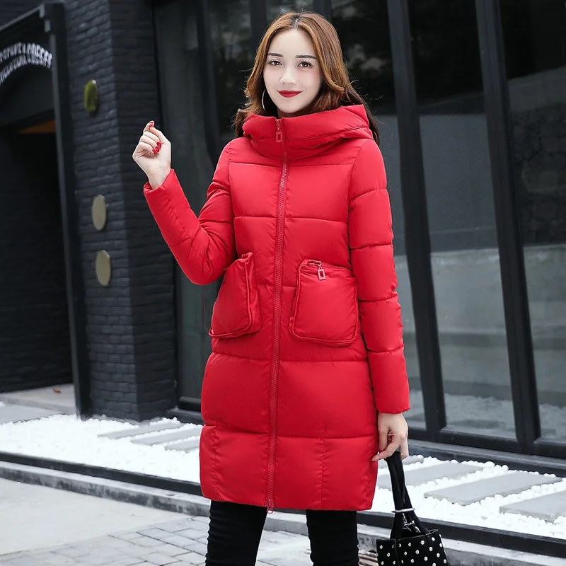 Женские теплые однотонные парки с большими карманами и капюшоном модные