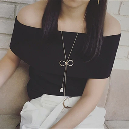 Ladies Rhinestone Bow Long Necklaces Sweater Chain Imitation Pearl Pendants Necklace Adjustable Tassel For Women | Украшения и