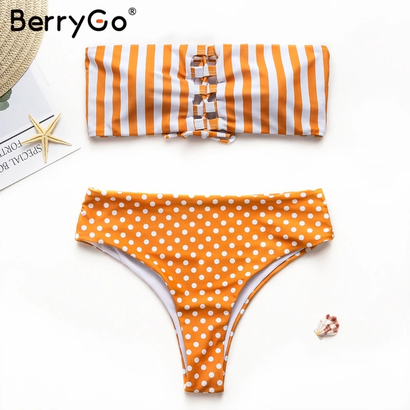 BerryGo бандажный полосатый Женский купальник бикини набор 2019 в горошек два предмета без бретелек пуш ап мягкий