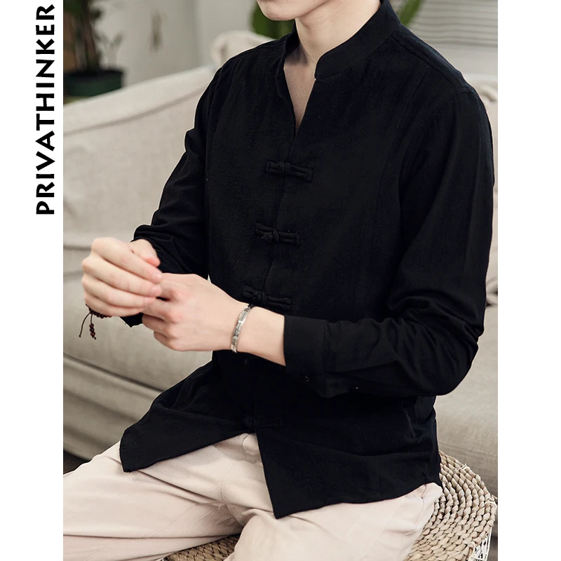 Sinicism Store Men Clothes Man Cotton Linen Casual White Shirts Long Sleeve Shirts Male Chinese Style Solid Shirts