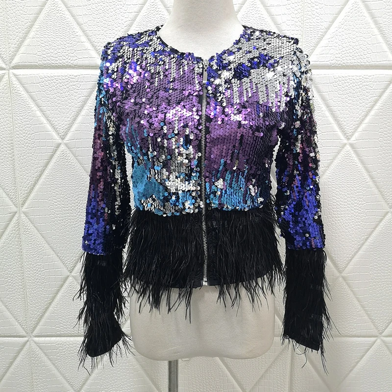 TWOTWINSTYLE лоскутное перо кисточкой пальто для женщин с длинным рукавом куртки с пайетками Топы для женщин осень мода элегантная одежда Новинка