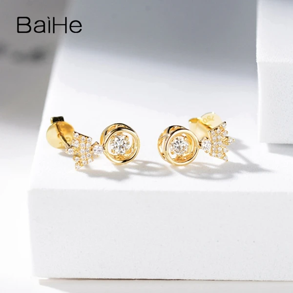 BAIHE Твердые 14 к желтое золото всего 0.30CT H/SI круглые натуральные бриллианты танцы Алмаз серьги Свадебные красивые короны серьги