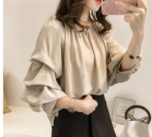 Summer new Korean version of a word collar shoulder loose chiffon shirt elegant long-sleeved blouse woman |