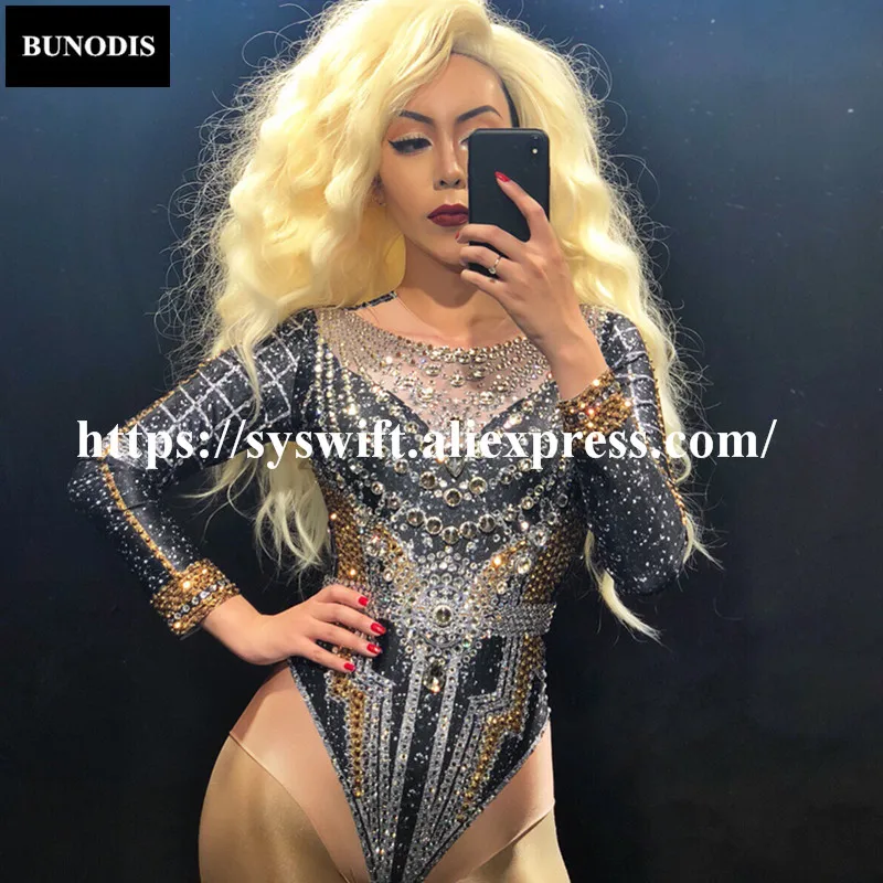BU22301 Women Sexy Bodysuit &amp Coat Full Of Silver Gold Sparkling Crystals Clothing Nightclub Party Stage Wear Bling Costumes | Женская