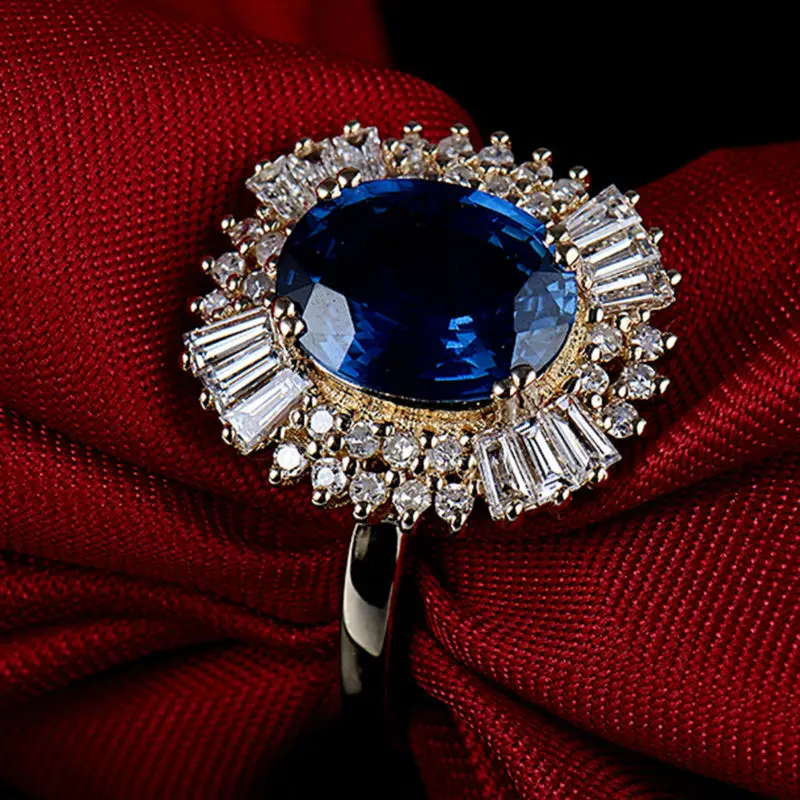 Новое овальное кольцо 8x10 мм 14 к желтое золото бриллианты натуральный сапфир