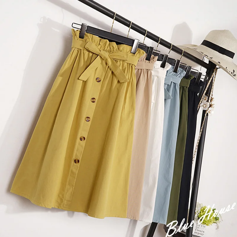 

JSXDHK 2022 Summer Womens Skirt A-Line Knee Length Korean Elegant Button High Waist Solid Skirts Female Pleated New Skirt
