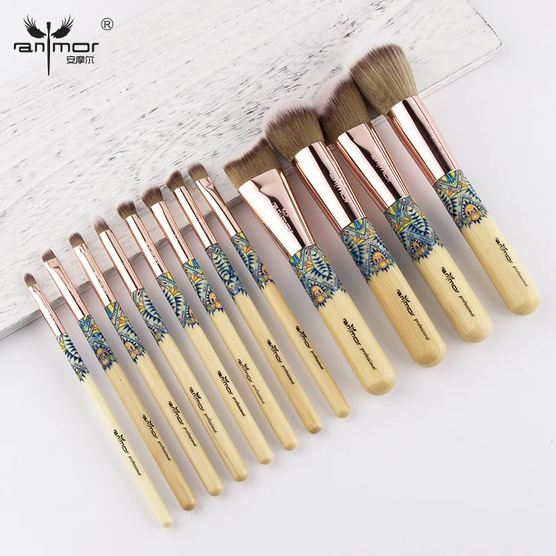 Anmor кисти для макияжа 12 шт. набор бамбуковая Кисть Мягкая синтетическая основа