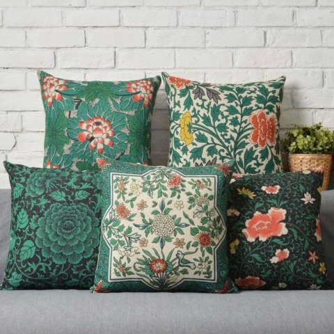 

Traditional Oriental Chinese Green Floral Pattern Cushion Cover Decorative Throw Pillow Case Covers Linen Floral Home Decor