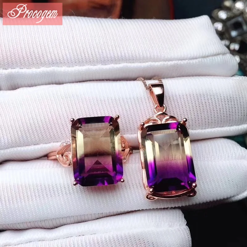 PROCOGEM Ametrine Jewelry sets for Women Girls Party Big gemstone Fine Pendants Necklaces Rings 925 Sterling silver #185 | Украшения и