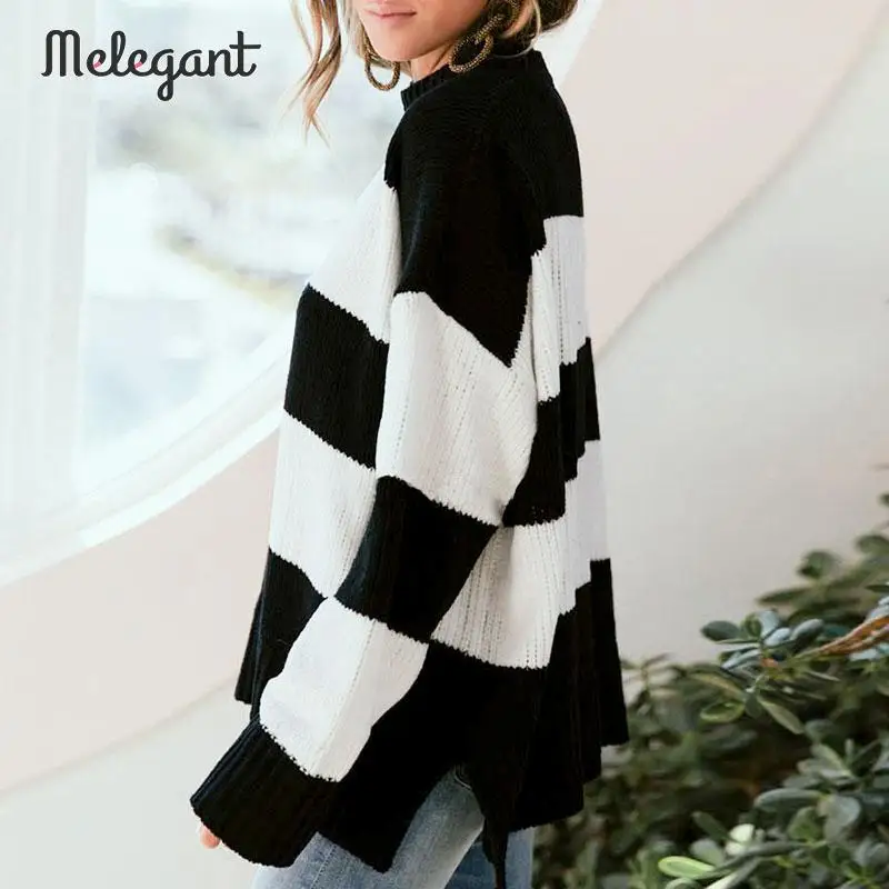 Melegant Stripe Patchwork Loose Casual Winter Sweater Women Knitted Knitwear Femme Sweaters Pullover Plus Size | Женская одежда