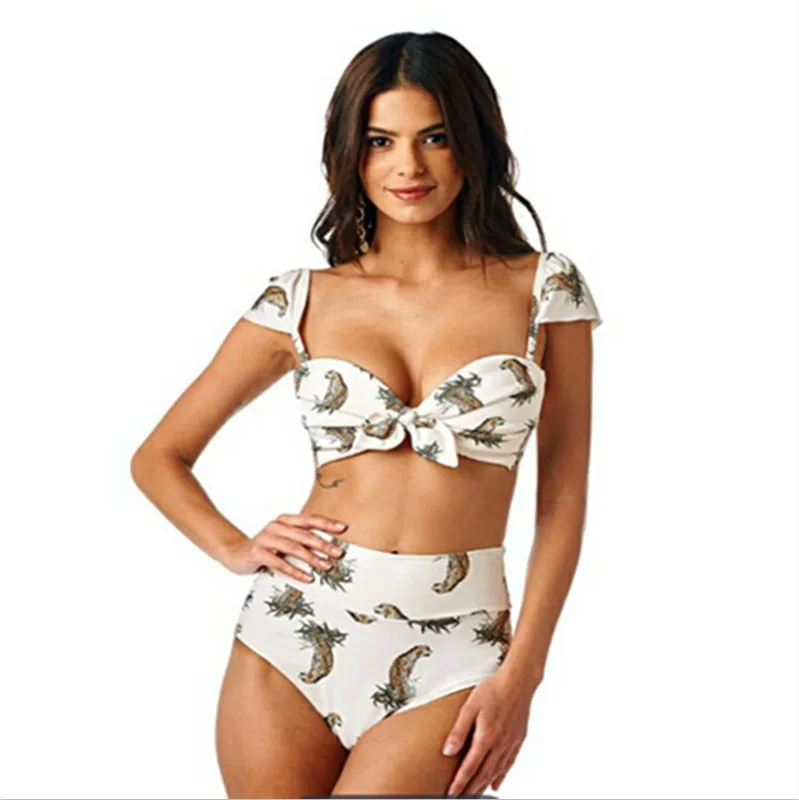 Комплект бикини с принтом и высокой талией бандо женский купальник пуш-ап рюшами