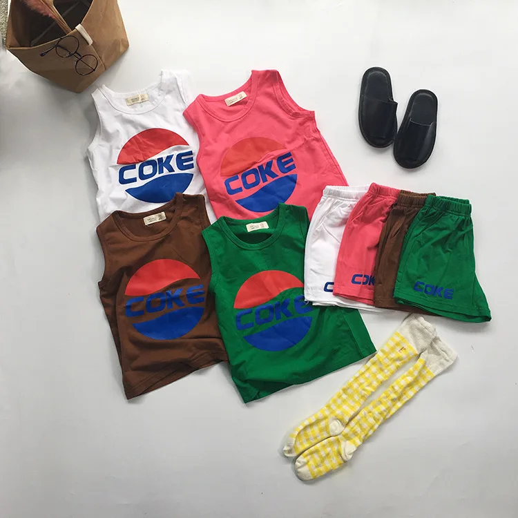 Summer Children Clothing 4-colors Baby Girls And Boys Coke Pattern O-Neck Sleeveless Cloth Set Cotton Material Cute Lovely | Детская