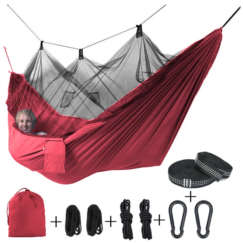 Single Person Portable Outdoor Camping Hammock With Mosquito Net 8pc accessories Adult Sleeping Bed Picnic Hanging Bed Hammock