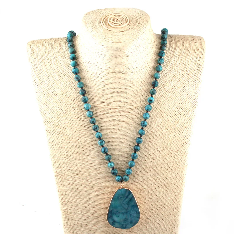 Новая мода богемные ювелирные изделия натуральный камень синий точка завязанный большой камень сердце кулон Женское Ожерелье