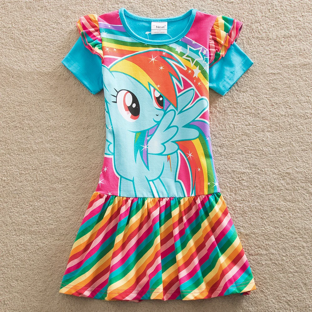 JUXINSU My Baby Girl New Summer Little Pony Short Sleeve Dresses Cartoon Cotton Rainbow Stripes for 1-8 Years | Детская одежда и