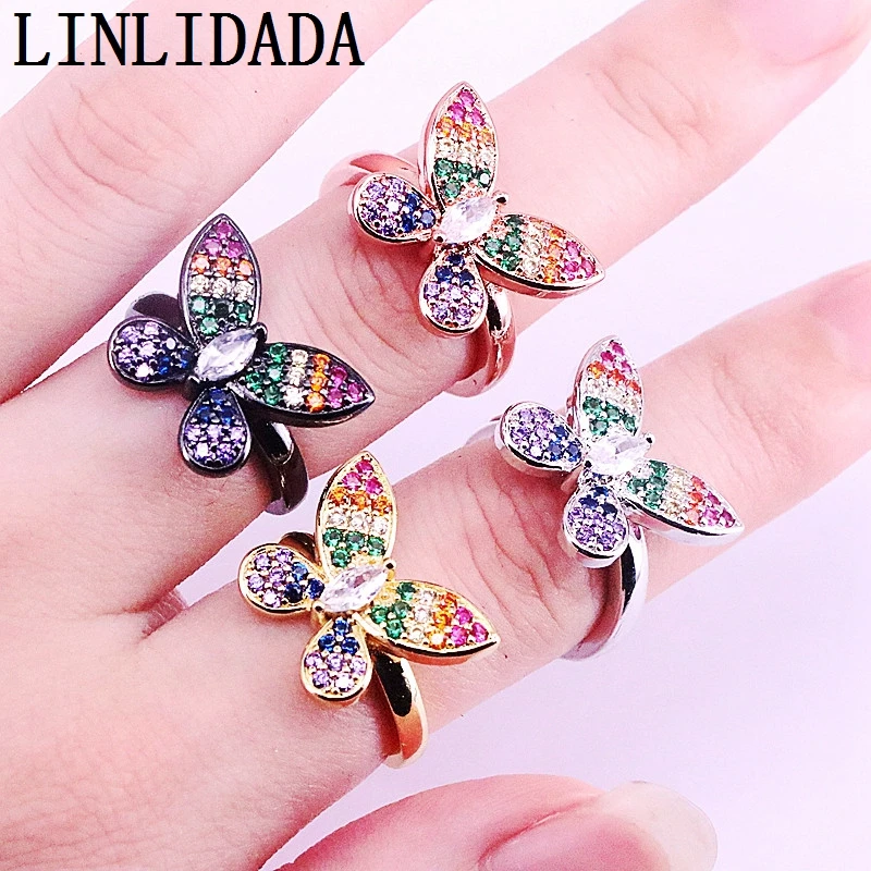 

6Pcs CZ Rainbow Rings For Women, Colorful Micro Pave Zirconia Butterfly Jewelry Mix Color Rings