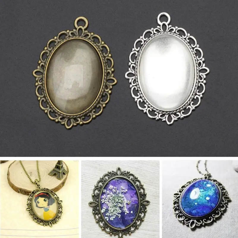 10Pcs Oval Pendant Bezel Tray And Glass Dome Tiles Cabochon Jewelry Making | Украшения и аксессуары
