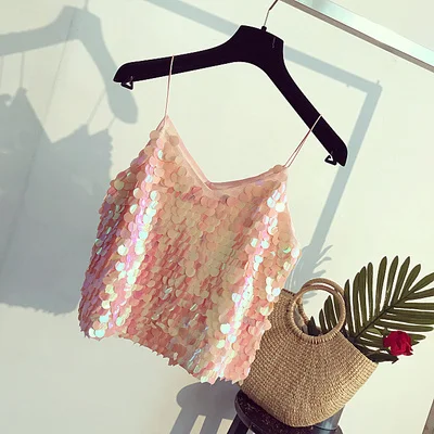 Розовый Sequin Cami сексуальный укороченный топ, летний женский топ на бретельках, тонкий топ с открытой спиной, Обрезанные Топы - Цвет: Розовый