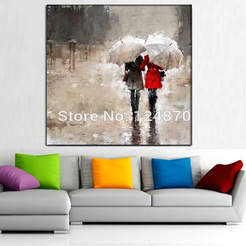 

100% Hand painted Figure Oil Painting on Canvas Couples Picture Painitng Wall Art Modern Rain Landscape Picture For Home Decor