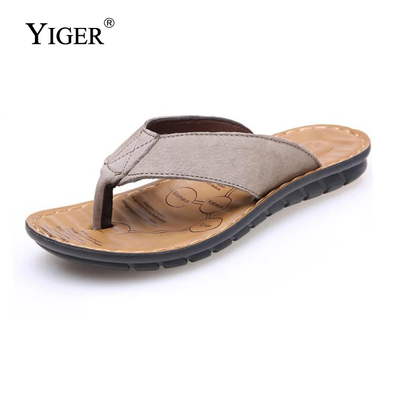 YIGER/Новые мужские шлепанцы летние из кожи Модные дышащие с мягкой подошвой