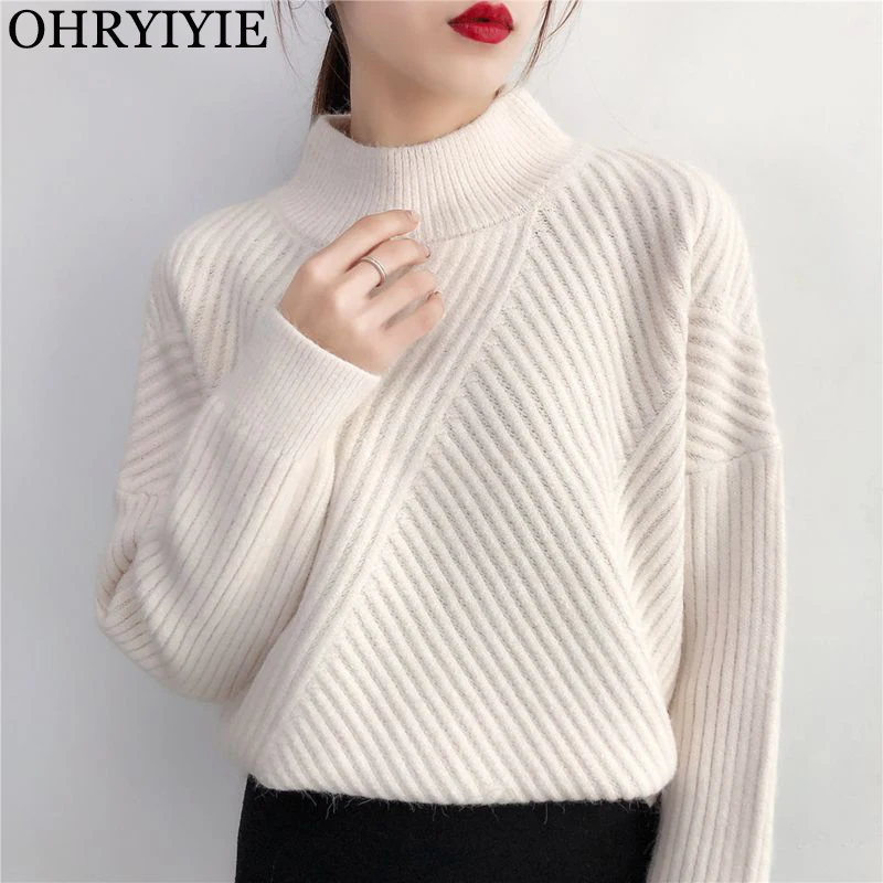 

OHRYIYIE Autumn Winter Striped Knitted Sweaters And Pullovers 2020 New Thick Coarse Wool Sweater Female Tricot Pull Femme Tops