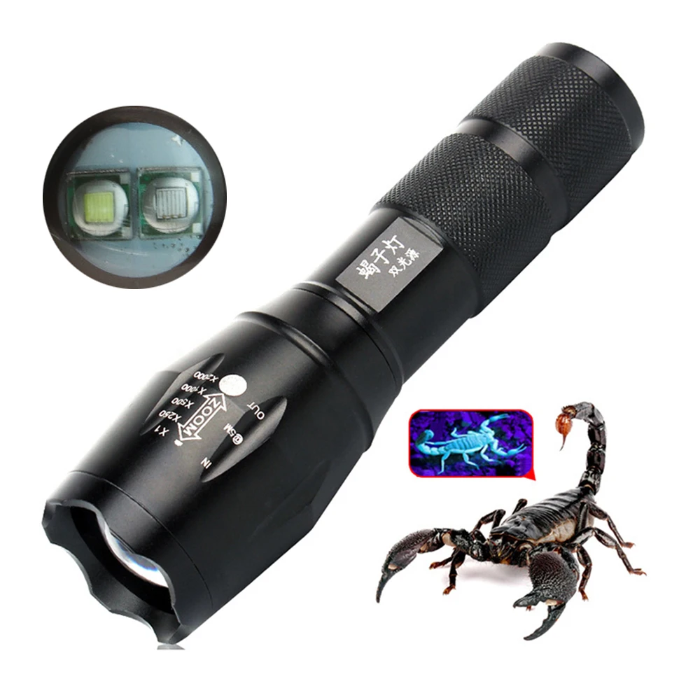 

10W Dual Lights 1000LMs CREE T6 LED Torch Black Light 395NM UV Zoom LED Flashlight 18650 Night Fishing Scorpion Hunt Linterna