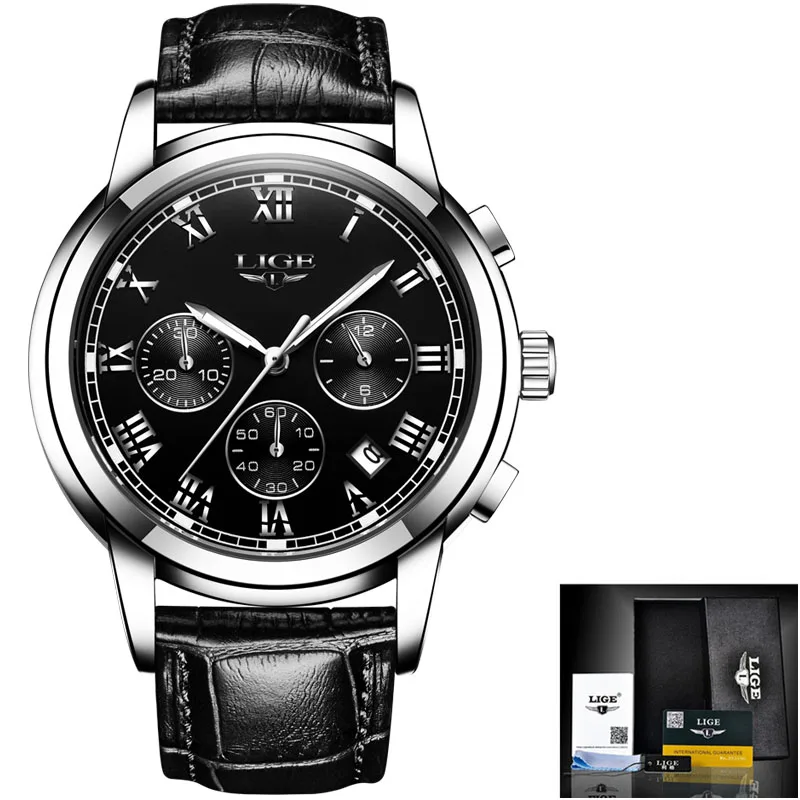 Silver black LIGE повседневный кожаный ремешок для часов для мужчин s часы лучший бренд класса люкс мужская мода Водонепроницаемый Кварцевые Золотые часы для мужчин Relogio Masculino - Цвет: Silver black