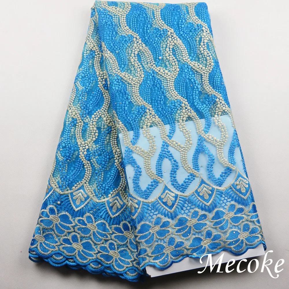 Высокое качество небесно голубой Африканский тюль кружевная ткань 2017