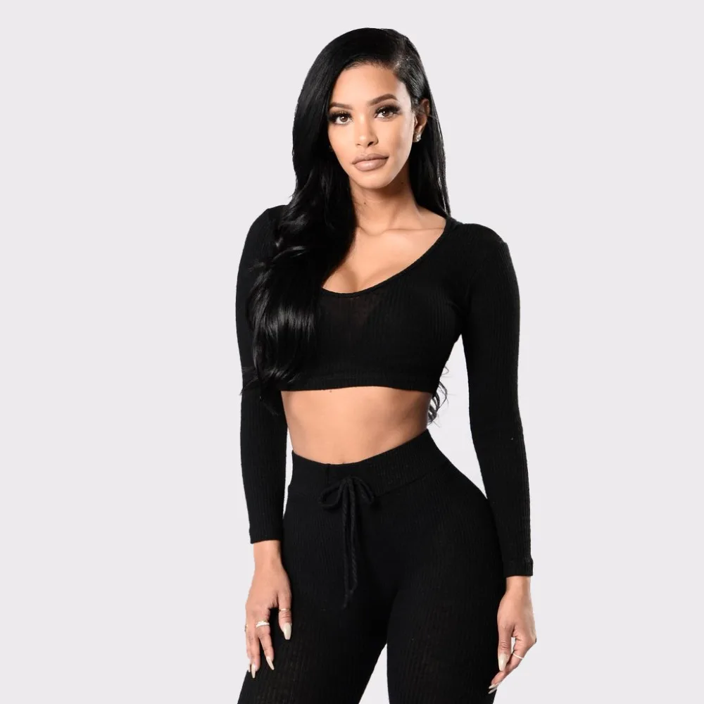 2018 модные сексуальные женские комплекты с длинным рукавом брюки укороченный топ