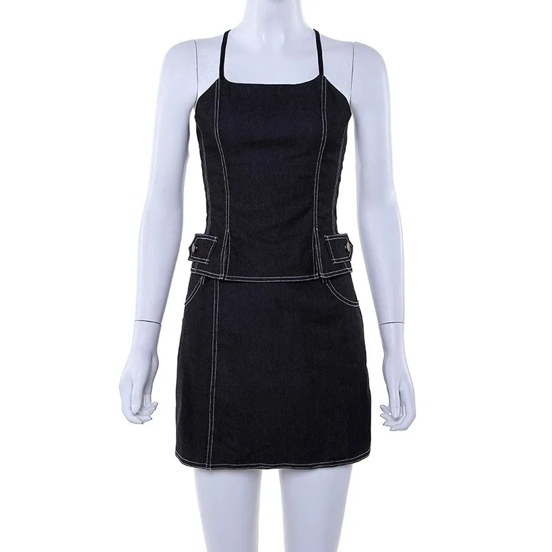 2019 New Brand Two Pieces Denim Sets Women High Street Sexy Backless Strappy Summer Camis And Skirts cwd0617-5 | Женская одежда