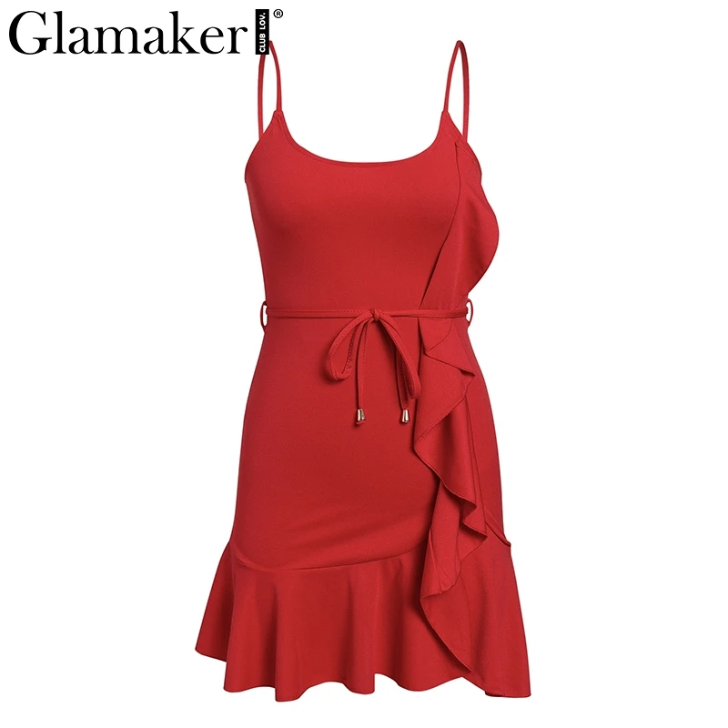 Glamaker Ruffles кружевное сексуальное мини-сарафан женское праздничное пляжное короткое платье с открытой спиной Вечерние женские летние платья с красным поясом Vestidos