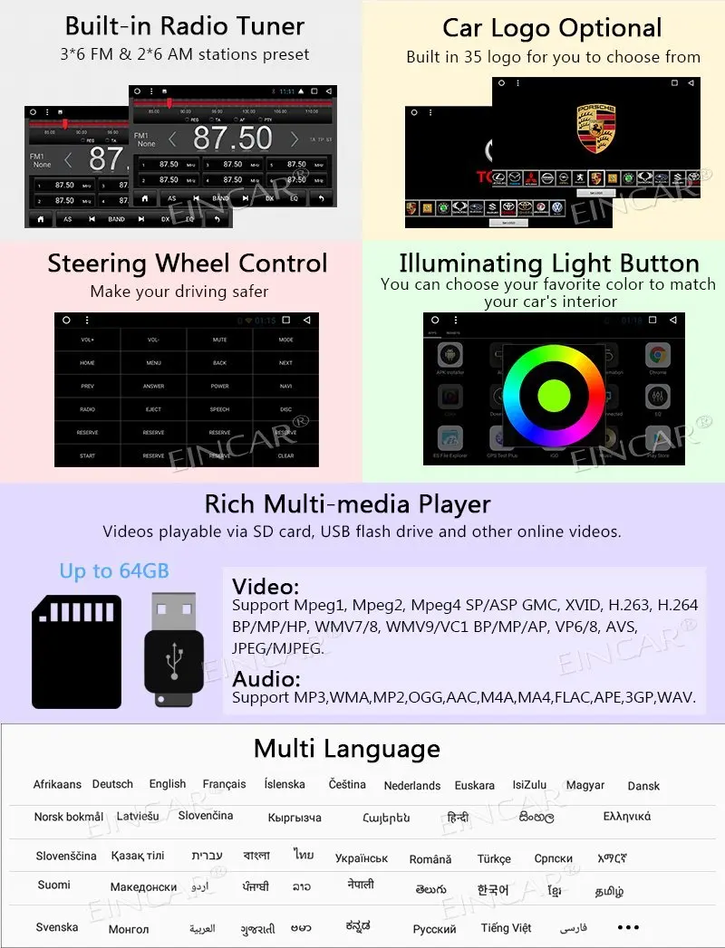 Беспроводной заднего вида Камера + Android 7.1 Сенсорный экран двойной дин стерео Авто