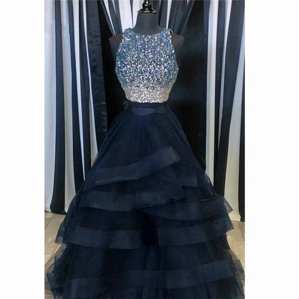 

Navy Blue Long Prom Dresses 2018 with Rhinestones Ruffles Skirt Ball Gown 2 Piece Formal Evening Gowns Vestido de Formatura